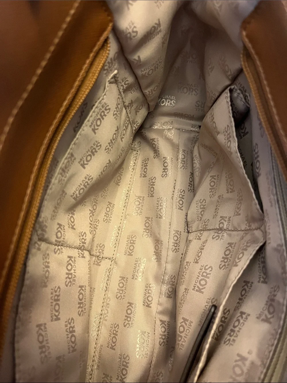 Michael Kors Beige MK Signature Tote with Tan Leather & Gold-Tone Hardware